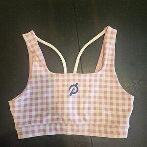 Peloton pink and white Gingham Bra in Medium